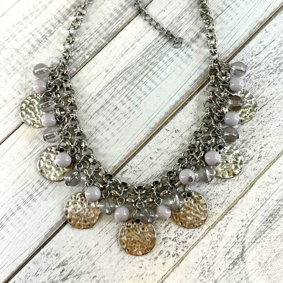 Beaded Fringe Necklace Hammered Discs Silver Tone Adjustable Length - Picture 2 of 2